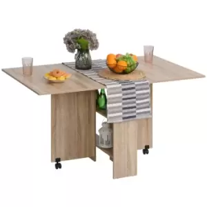 Image of Six Seater Expandable Drop Leaf Dining Table With Wheels Storage Shelf Natural Wood Effect