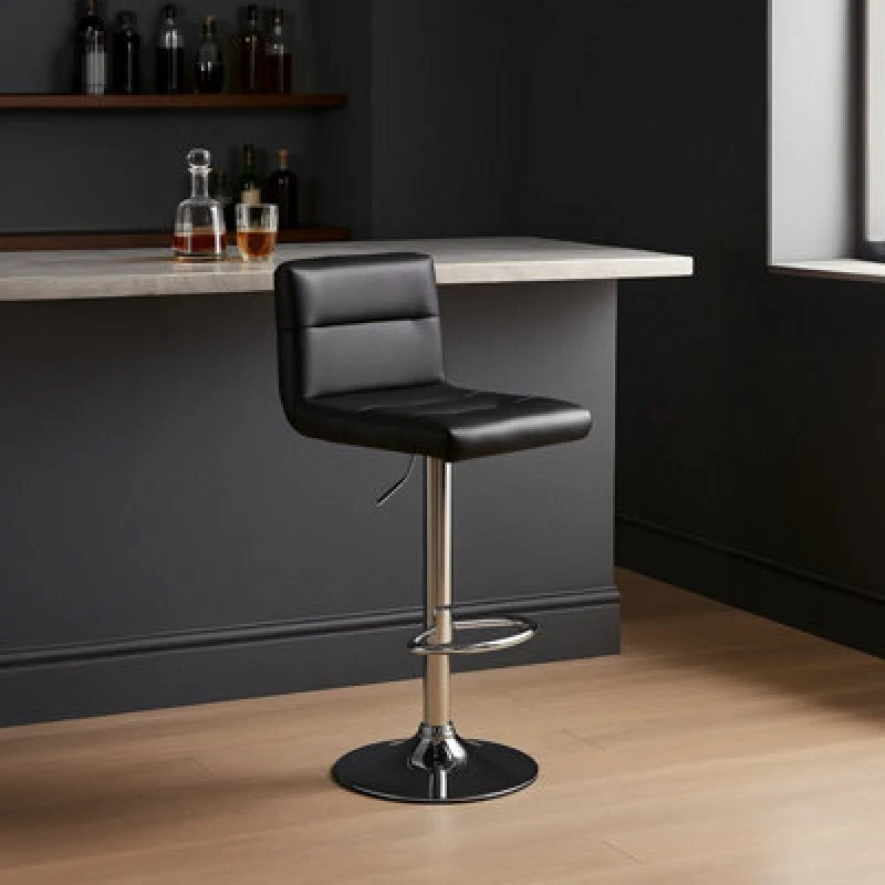 Image of Premier Housewares Interiors By Premier Adjustable Height Seat Bar Stool With Chrome Base, Comfortable Bar Chair, Sleek Modern Bar Stool Jet Black