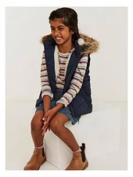 Image of FatFace Girls Elsie Faux Fur Hooded Gilet - Navy, Size 8-9 Years, Women