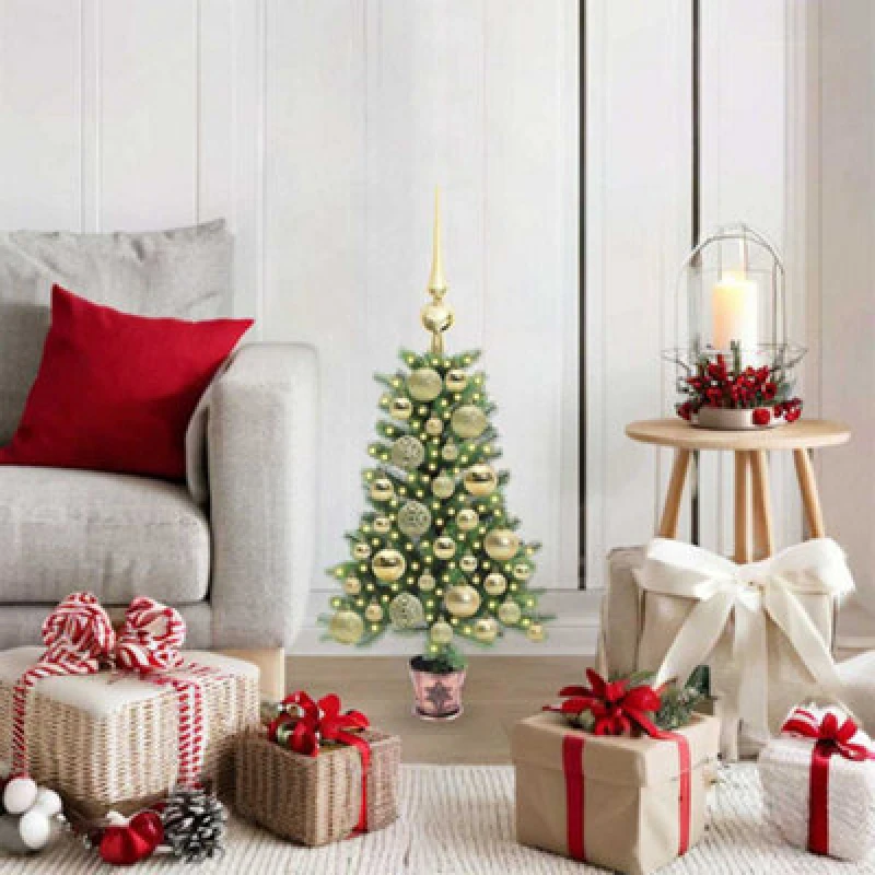 Image of vidaXL Christmas Tree with 150 LEDs, Gold Balls with Stand Green 65cm PE, Green 3396295