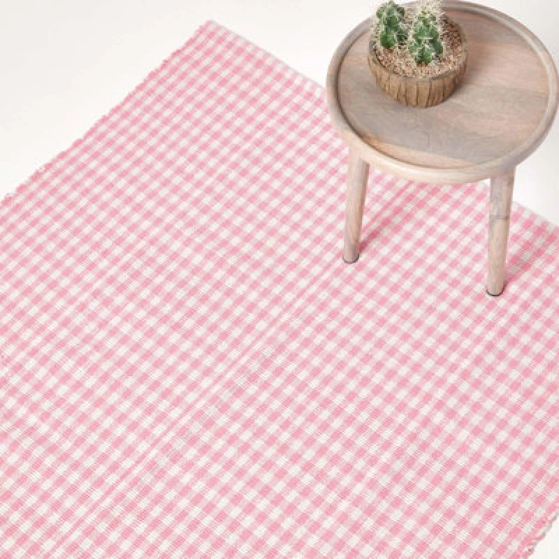 Image of Homescapes Cotton Gingham Check Rug Hand Woven Pink White, 70 X 120 Cm
