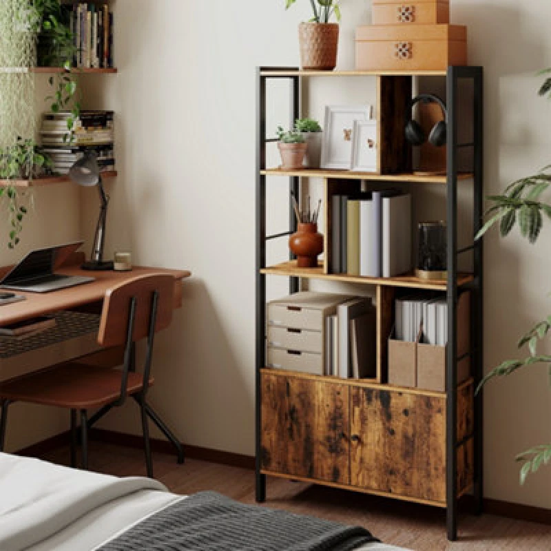 Image of LEDREM Bookshelf, Storage Shelf With Doors, 4 Shelves, For Living Room, Office, Rustic Brown And Ink Black