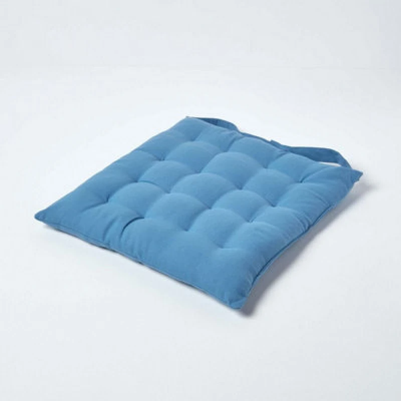 Image of Homescapes Airforce Blue Seat Pads 100% Cotton Chair Cushions 40X40 Cm, Plain Chair Pads For Dining, Kitchen Or Garden Outdoor Use
