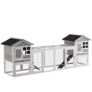 Image of PawHut 2 in 1 Wooden Rabbit Hutch, Double Main House Guinea Pig Cage, Bunny Run, Small Animal House with Run Box, Ramp, 259 x 64 x 92cm, Grey
