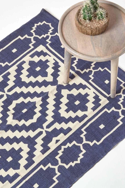 Image of Homescapes Halmstad Blue And White Scandi Style 100% Cotton Printed Rug, 160 X 230 Cm