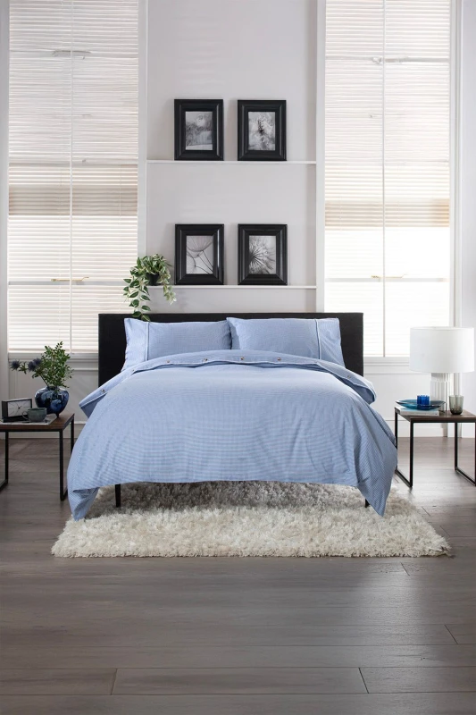 Image of The Lyndon Company The Lyndon Company Gingham Duvet Cover Set - Soft & Breathable Cotton with Double Piped Edges in Blue Blue Double Unisex 5054990140