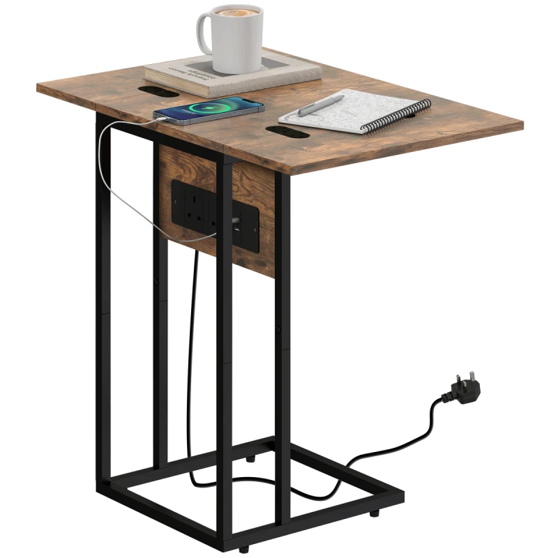 Image of HOMCOM HOMCOM C Shaped Side Table with Charging Station and Foldable Top in Brown Brown One Size Unisex 5063603060609
