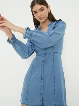 Image of Dorothy Perkins Denim Frill Mini Dress - Mid Wash, Blue, Size 16, Women
