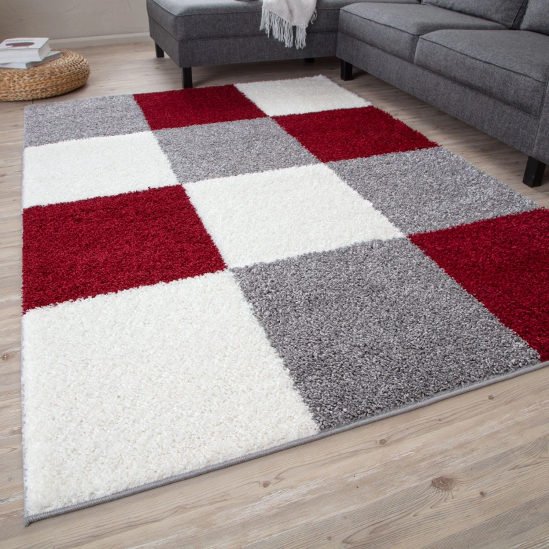 Image of THE RUGS Fluffy & Soft Shaggy Rugs Living Room Rug in Red - Elegant Geometric Design Carpets For Bedrooms & Kitchen 381 Size: 200cm x 290cm Red