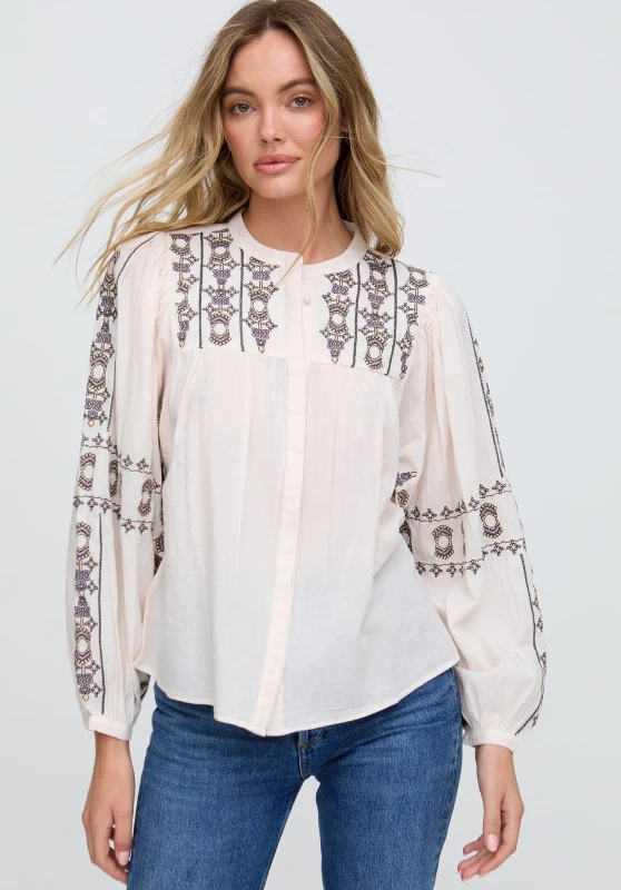 Image of Raffya Womens Demi Embroidered Ballon Sleeve Shirt In Cream in Grey Size: 10 Grey Female 10