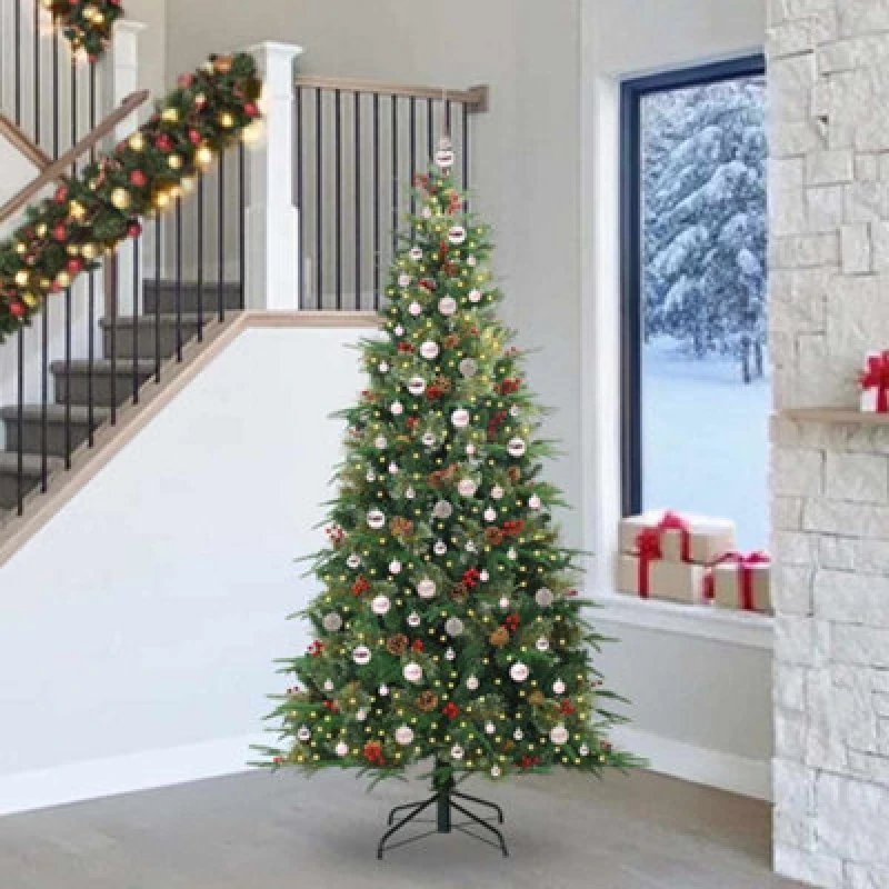 Image of vidaXL Artificial Hinged Christmas Tree with Pink Balls Green 240cm PE and PVC, Green 3397447