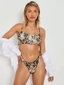 Image of Boohoo Scoop Frill Bikini Top - Leopard, Multi, Size 14, Women