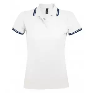 Image of SOLS Womens/Ladies Pasadena Tipped Short Sleeve Pique Polo Shirt (XL) (White/Navy)