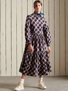 Image of Superdry Woven Check Midi Dress -navy, Navy, Size 14, Women