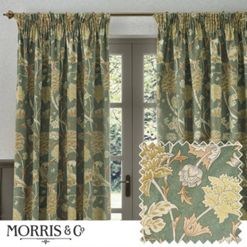 Image of Morris & Co Morris & Co Cray Floral Velvet Room Darkening Pencil Pleat Curtains in Green Size: 117cm width x 183cm drop Green 117cm width x 183cm dr