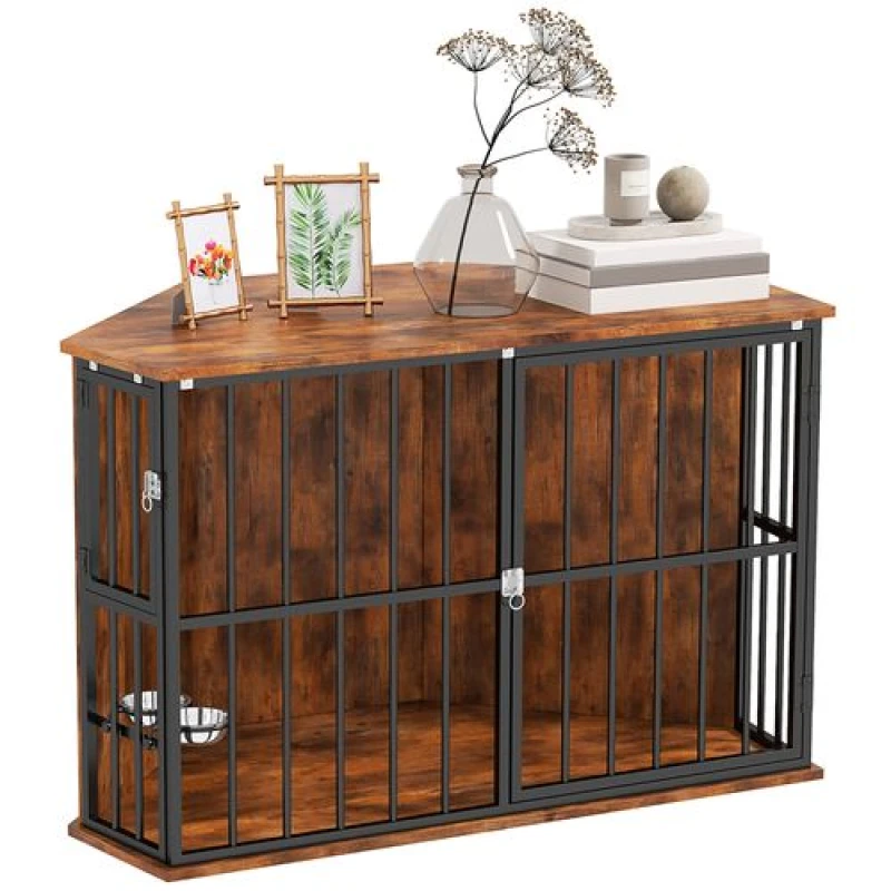 Image of PawHut PawHut Corner Dog Crate Furniture with 2 Bowls for Small & Medium Dogs Brown