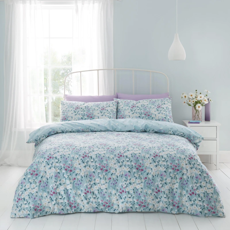 Image of Catherine Lansfield Daisy Meadow Floral Duck Egg Blue Duvet Cover and Pillowcase Set