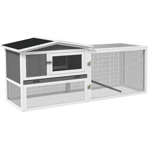 Image of Pawhut - Rabbit Hutch and Run Outdoor w/ Sliding Tray Hay Rack Ramp, 156x58x68cm - Light Grey