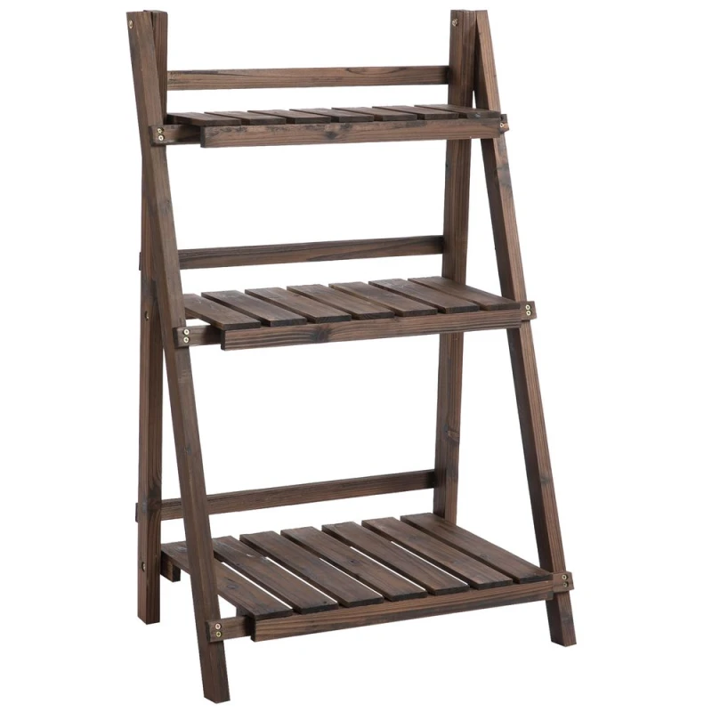 Image of Outsunny Wooden Shelf Foldable Flower Pots Holder Stand Indoor Outdoor Dark Brown