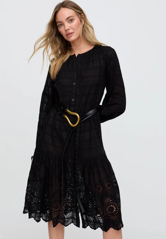 Image of Raffya Womens Olivia Button Down Embroidered Midi Dress In Black Size: 10 Black Female 10