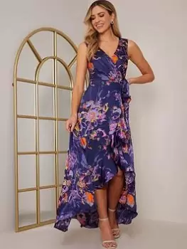 Image of Chi Chi London Ruffle Detail Floral Abstract Wrap Midi Dress - Navy, Size 12, Women