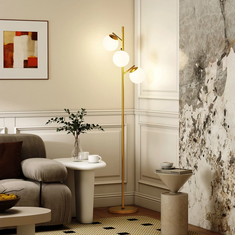 Image of HOMCOM HOMCOM Modern Floor Lamp for Living Room Bedroom, 3 Light Tree Standing Lamp in Gold Gold One Size Unisex 5063603059252