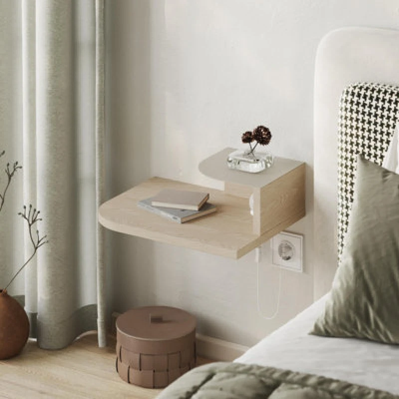 Image of Decortie Floating Bedside Table Modern Corner Design Nightstand 30Cm Wall-Mounted With LED Lamp In 3-Tones For Bedroom, Sonoma Oak
